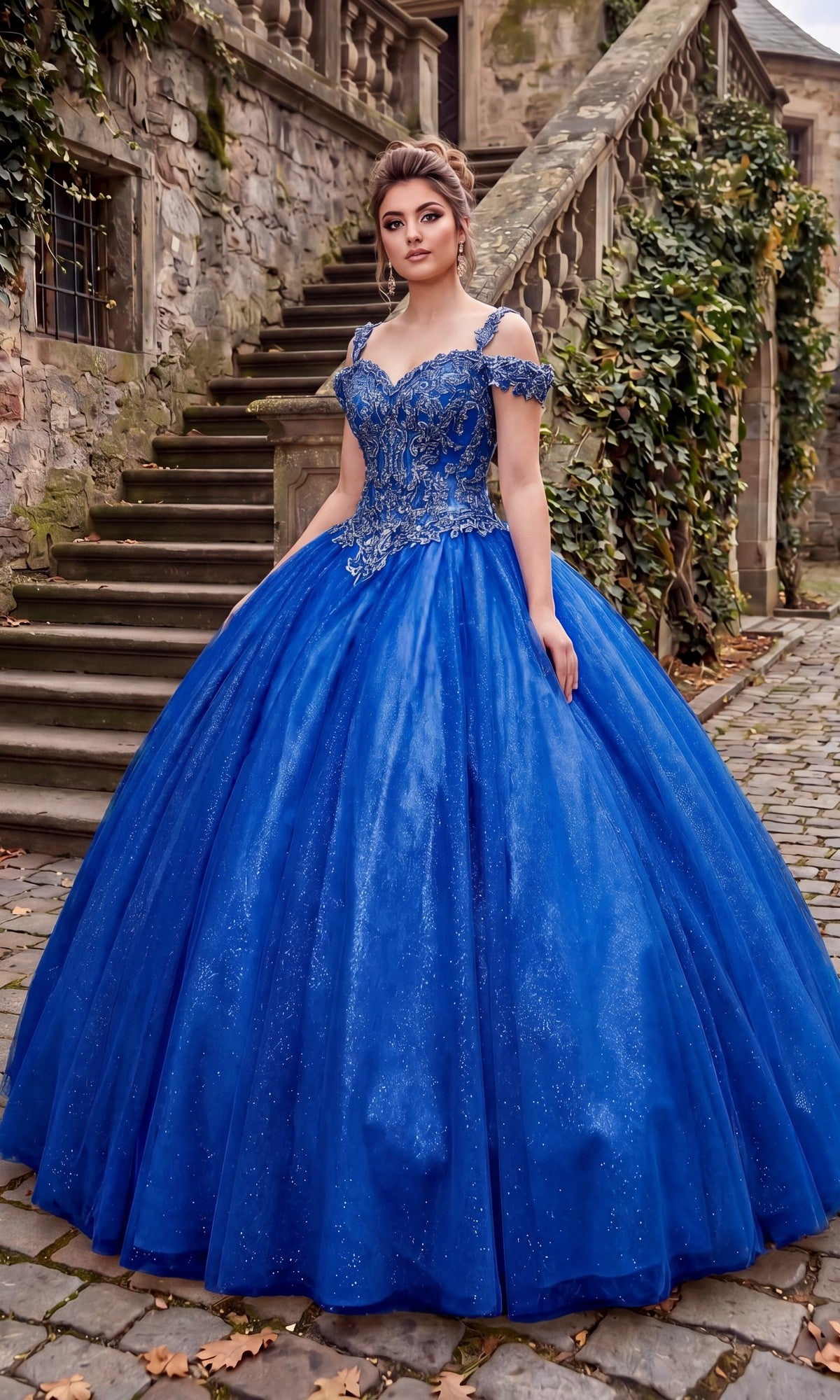 A woman stands on a cobblestone path in front of ivy-covered stone steps and an old stone wall, wearing the Quinceanera Dress: Chicas C1535 in Royal—a blue ball gown featuring an embellished bodice and delicate lace details.